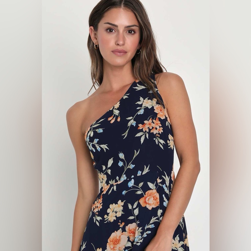 Lulus Elegant Admiration Navy Blue Floral One-Shoulder Maxi
Dress - Picture 4 of 7